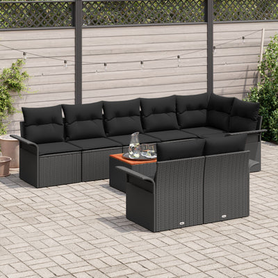 9 Piece Garden Sofa Set with Cushions Black Poly Rattan Acacia
