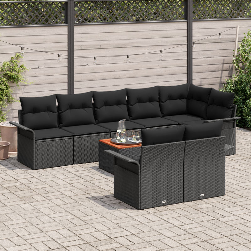 9 Piece Garden Sofa Set with Cushions Black Poly Rattan Acacia