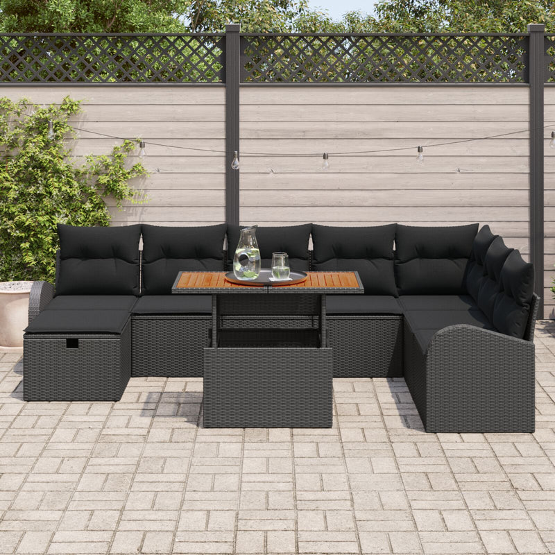 9 Piece Garden Sofa Set with Cushions Black Poly Rattan