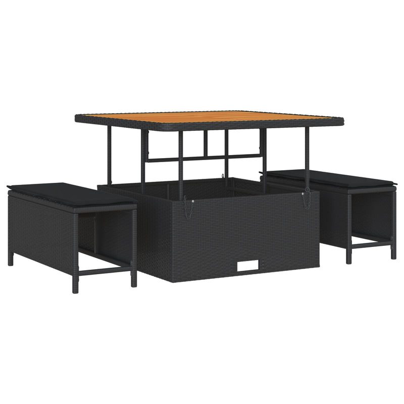 3 Piece Garden Dining Set with Cushions Black Poly Rattan Acacia