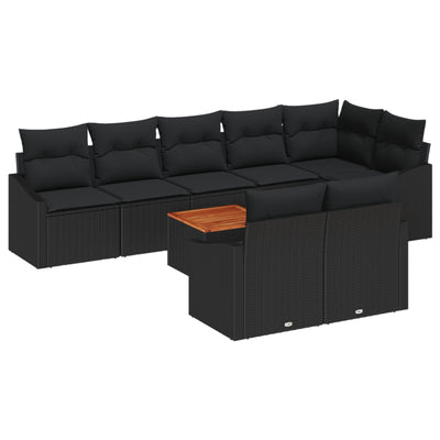 9 Piece Garden Sofa Set with Cushions Black Poly Rattan Acacia