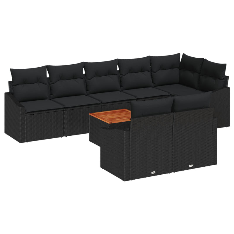 9 Piece Garden Sofa Set with Cushions Black Poly Rattan Acacia