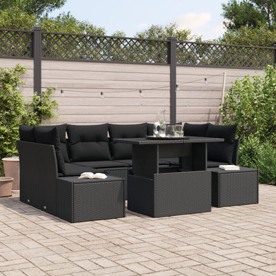 7 Piece Garden Sofa Set with Cushions Black Poly Rattan