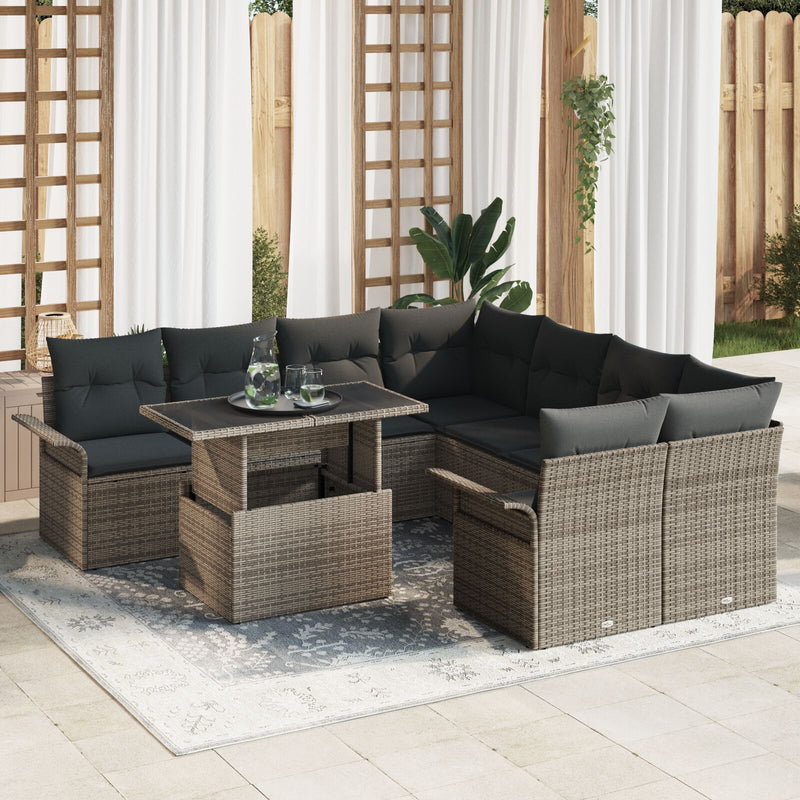 9 Piece Garden Sofa Set with Cushions Grey Poly Rattan
