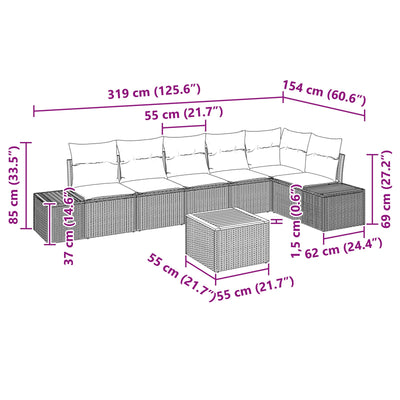 7 Piece Garden Sofa Set with Cushions Black Poly Rattan Acacia