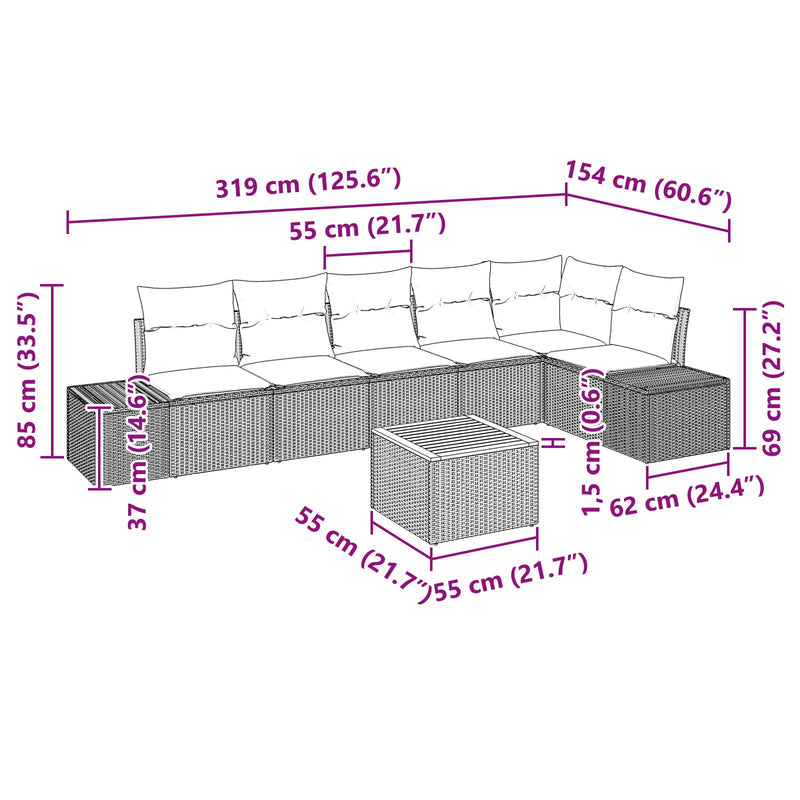 7 Piece Garden Sofa Set with Cushions Black Poly Rattan Acacia