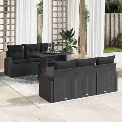 7 Piece Garden Sofa Set with Cushions Black Poly Rattan