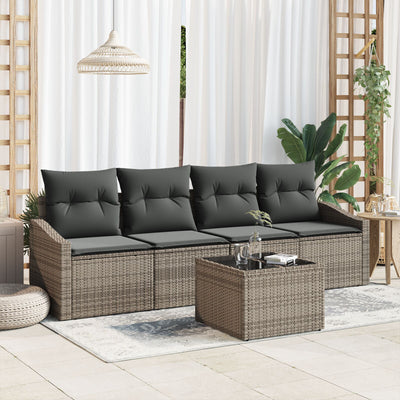 5 Piece Garden Sofa Set with Cushions Grey Poly Rattan