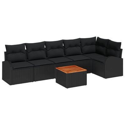 7 Piece Garden Sofa Set with Cushions Black Poly Rattan Acacia