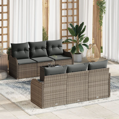 7 Piece Garden Sofa Set with Cushions Grey Poly Rattan