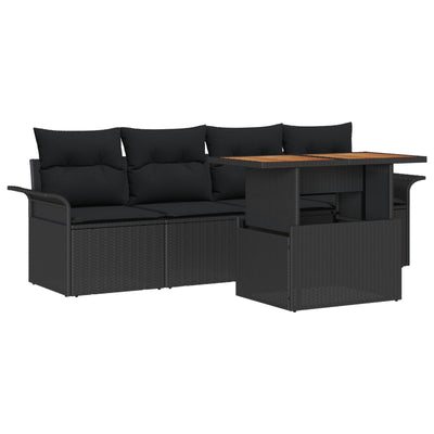 5 Piece Garden Sofa Set with Cushions Black Poly Rattan Acacia