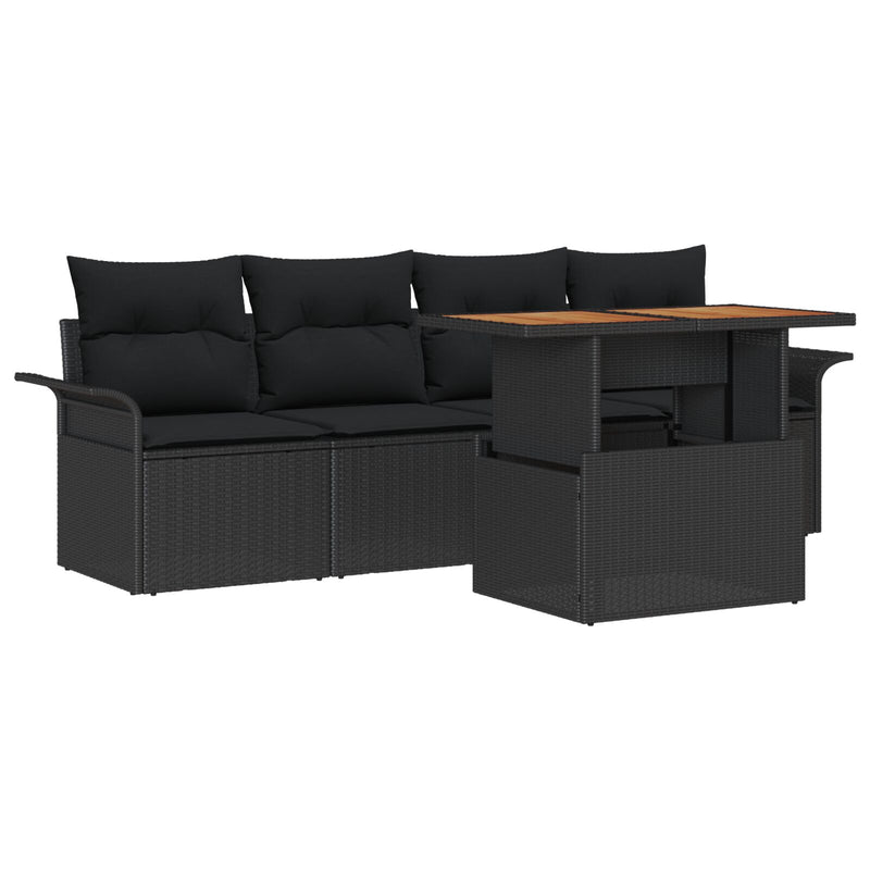 5 Piece Garden Sofa Set with Cushions Black Poly Rattan Acacia