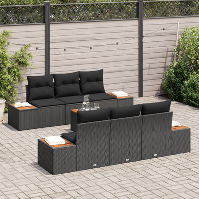 7 Piece Garden Sofa Set with Cushions Black Poly Rattan Acacia