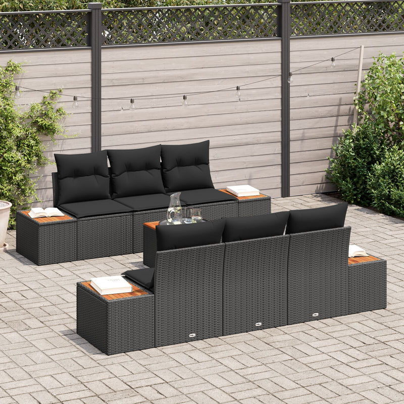 7 Piece Garden Sofa Set with Cushions Black Poly Rattan Acacia