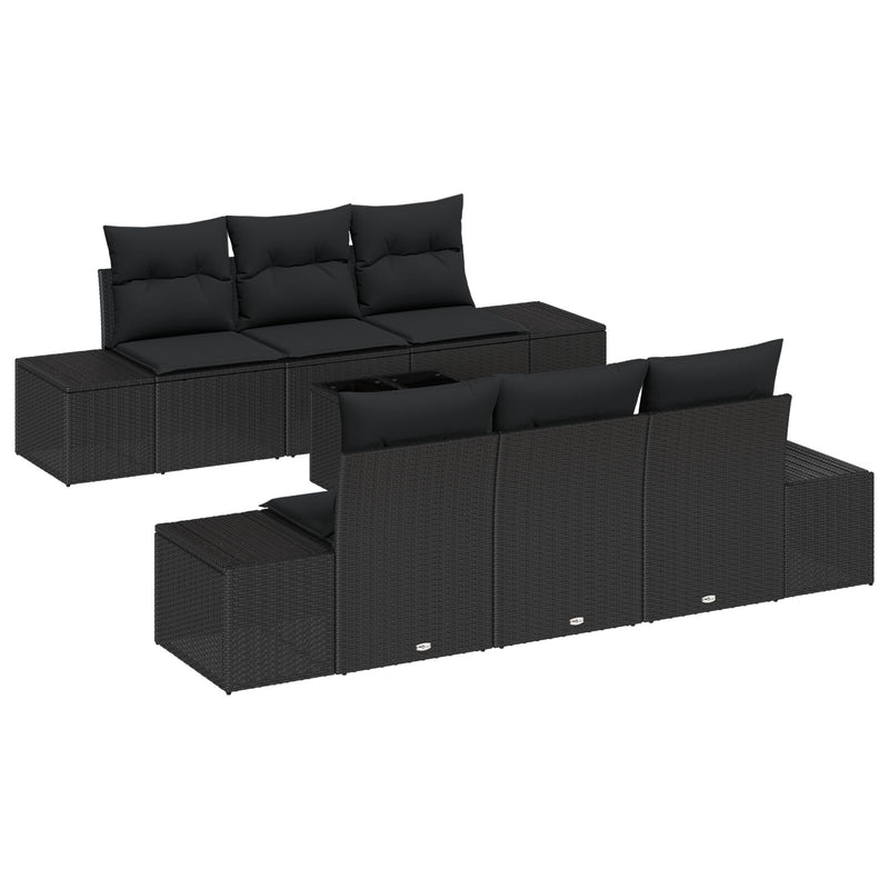7 Piece Garden Sofa Set with Cushions Black Poly Rattan