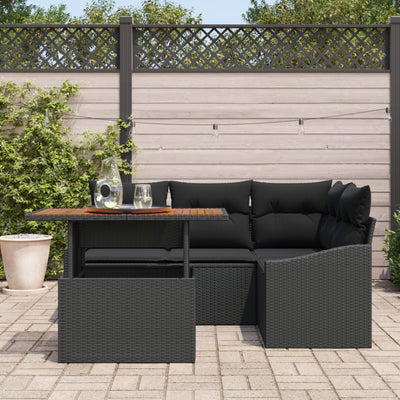 5 Piece Garden Sofa Set with Cushions Black Poly Rattan