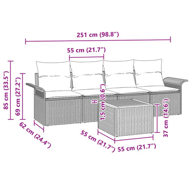 5 Piece Garden Sofa Set with Cushions Grey Poly Rattan Acacia