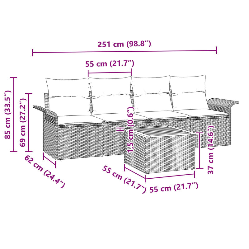 5 Piece Garden Sofa Set with Cushions Grey Poly Rattan Acacia