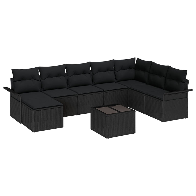 9 Piece Garden Sofa Set with Cushions Black Poly Rattan