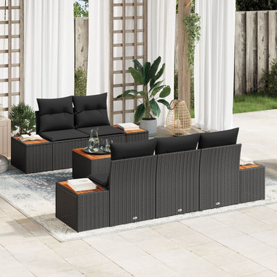 6 Piece Garden Sofa Set with Cushions Black Poly Rattan Acacia