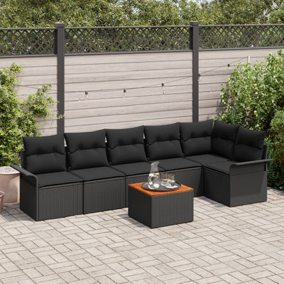 7 Piece Garden Sofa Set with Cushions Black Poly Rattan Acacia