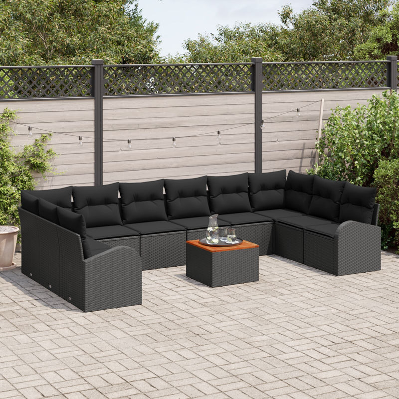 11 Piece Garden Sofa Set with Cushions Black Poly Rattan Acacia