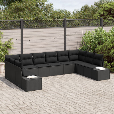 10 Piece Garden Sofa Set with Cushions Black Poly Rattan