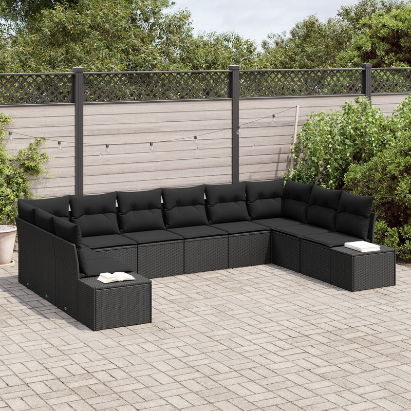 10 Piece Garden Sofa Set with Cushions Black Poly Rattan