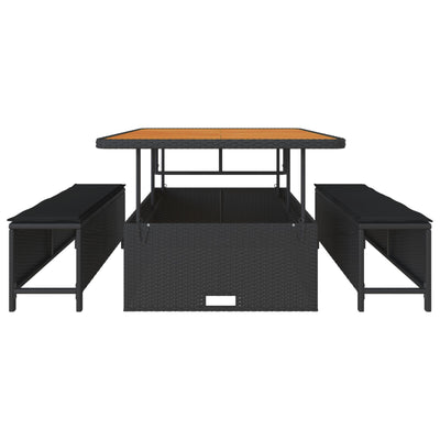 3 Piece Garden Dining Set with Cushions Black Poly Rattan Acacia