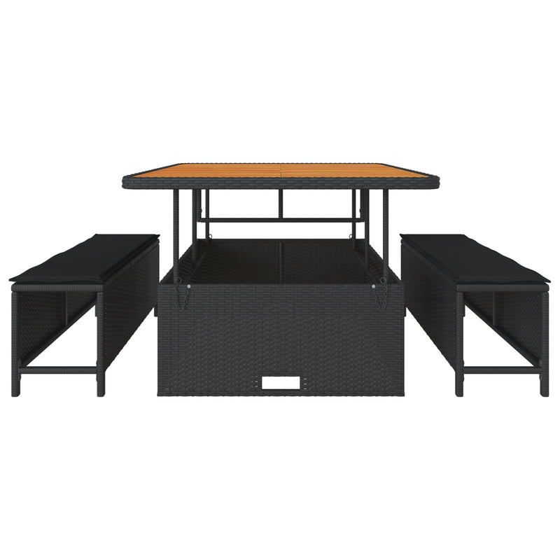 3 Piece Garden Dining Set with Cushions Black Poly Rattan Acacia