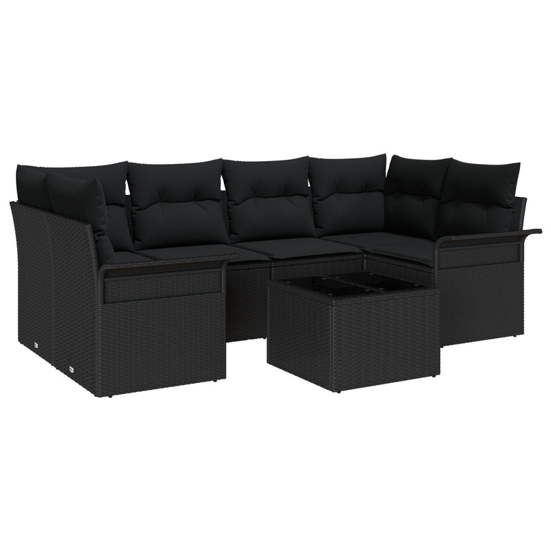 7 Piece Garden Sofa Set with Cushions Black Poly Rattan