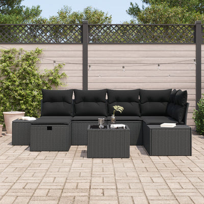 7 Piece Garden Sofa Set with Cushions Black Poly Rattan