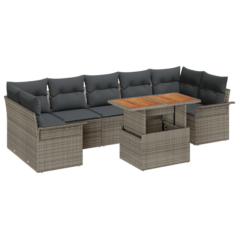 8 Piece Garden Sofa Set with Cushions Grey Poly Rattan Acacia
