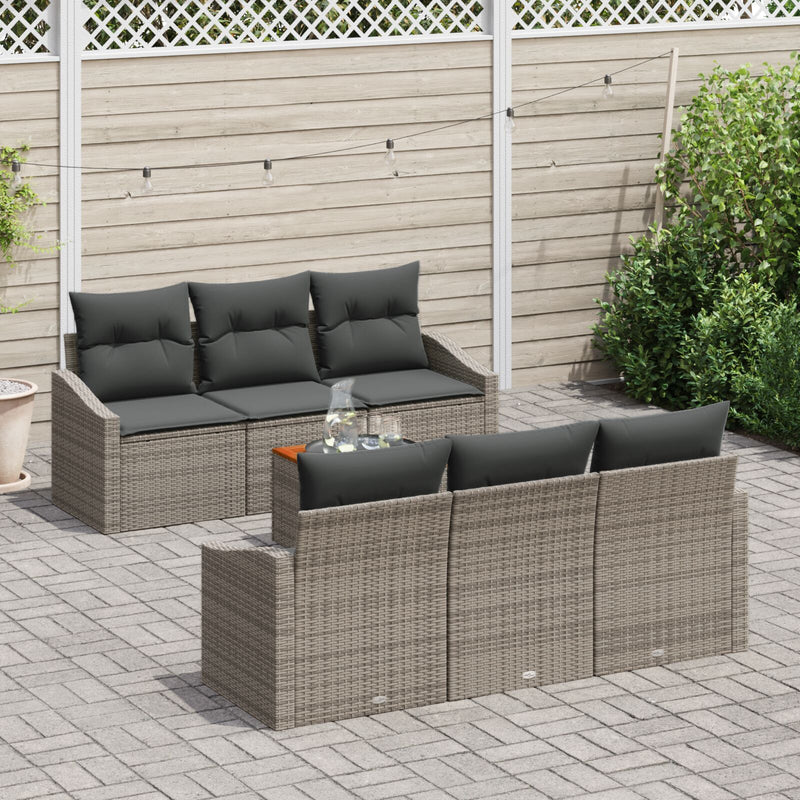 7 Piece Garden Sofa Set with Cushions Grey Poly Rattan Acacia