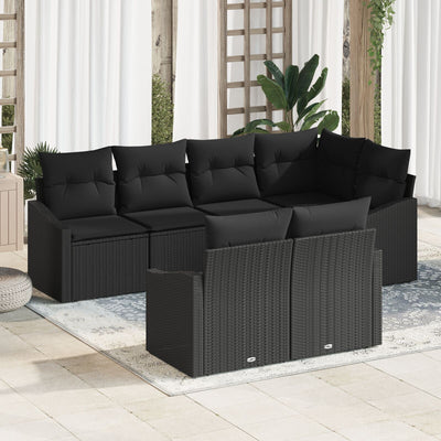 7 Piece Garden Sofa Set with Cushions Black Poly Rattan