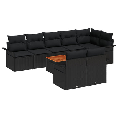 9 Piece Garden Sofa Set with Cushions Black Poly Rattan Acacia