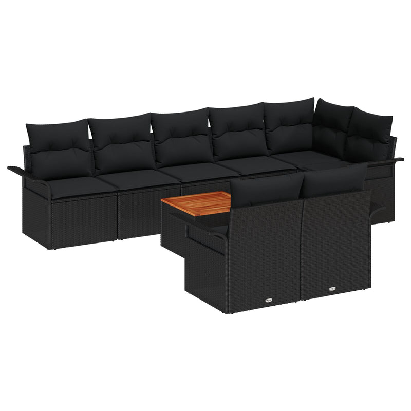 9 Piece Garden Sofa Set with Cushions Black Poly Rattan Acacia