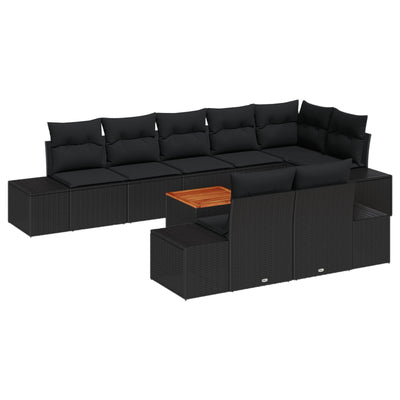 9 Piece Garden Sofa Set with Cushions Black Poly Rattan Acacia
