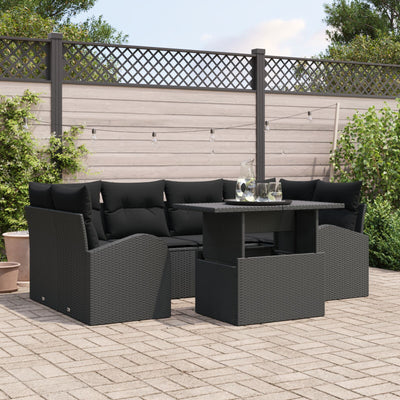 7 Piece Garden Sofa Set with Cushions Black Poly Rattan
