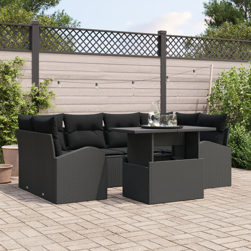 7 Piece Garden Sofa Set with Cushions Black Poly Rattan