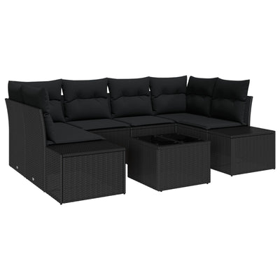 7 Piece Garden Couch Set with Cushions Black Poly Rattan