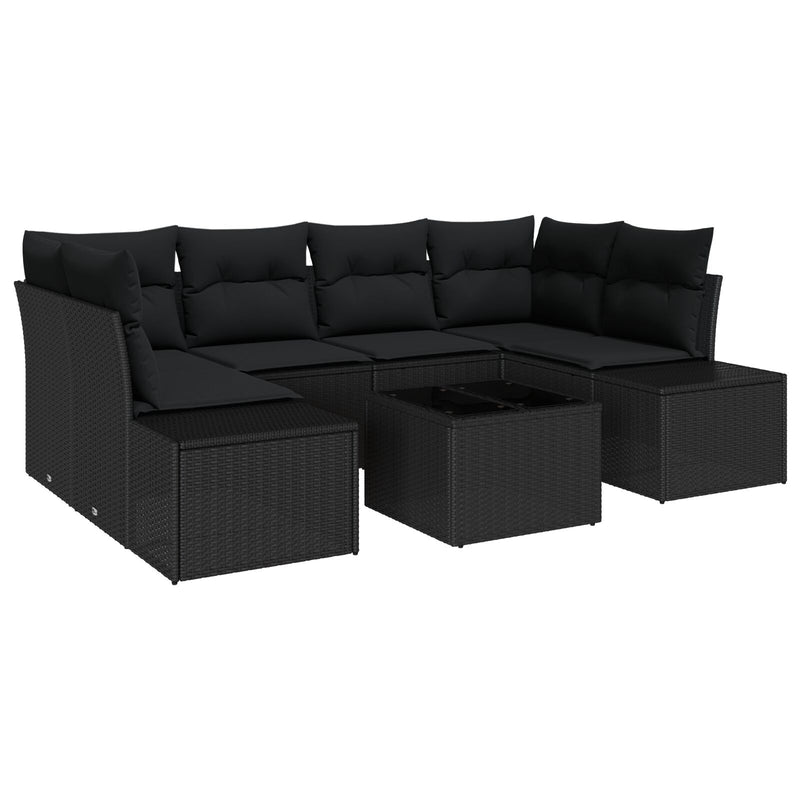7 Piece Garden Couch Set with Cushions Black Poly Rattan