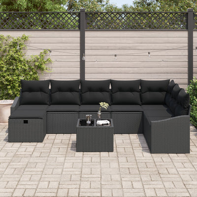9 Piece Garden Sofa Set with Cushions Black Poly Rattan