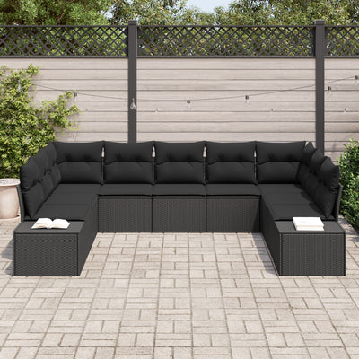 9 Piece Garden Sofa Set with Cushions Black Poly Rattan