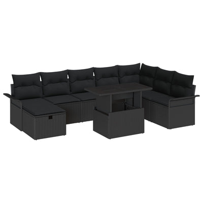 9 Piece Garden Sofa Set with Cushions Black Poly Rattan