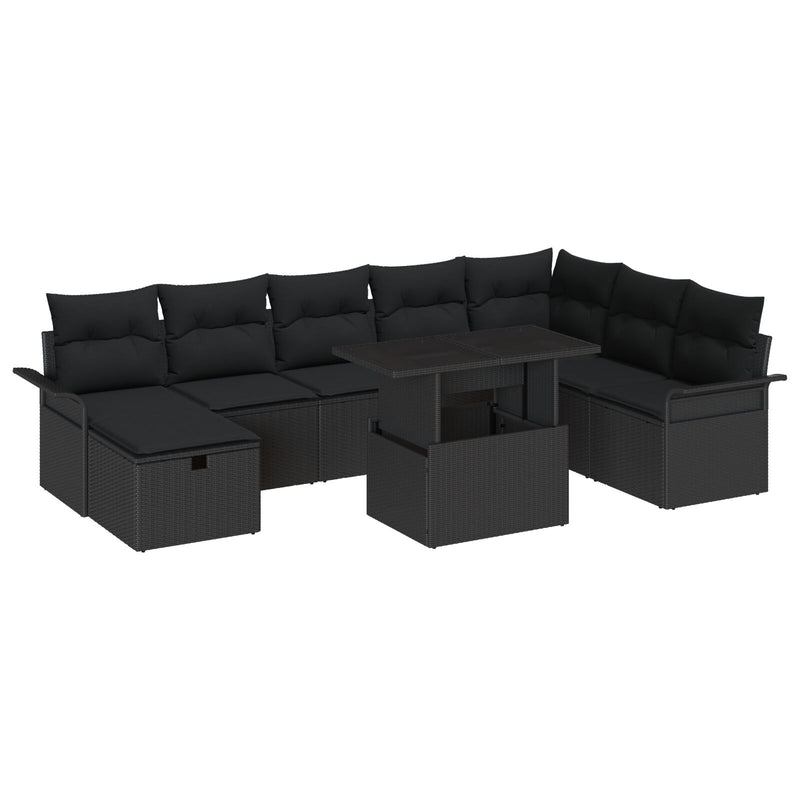 9 Piece Garden Sofa Set with Cushions Black Poly Rattan