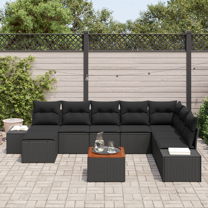 9 Piece Garden Sofa Set with Cushions Black Poly Rattan Acacia