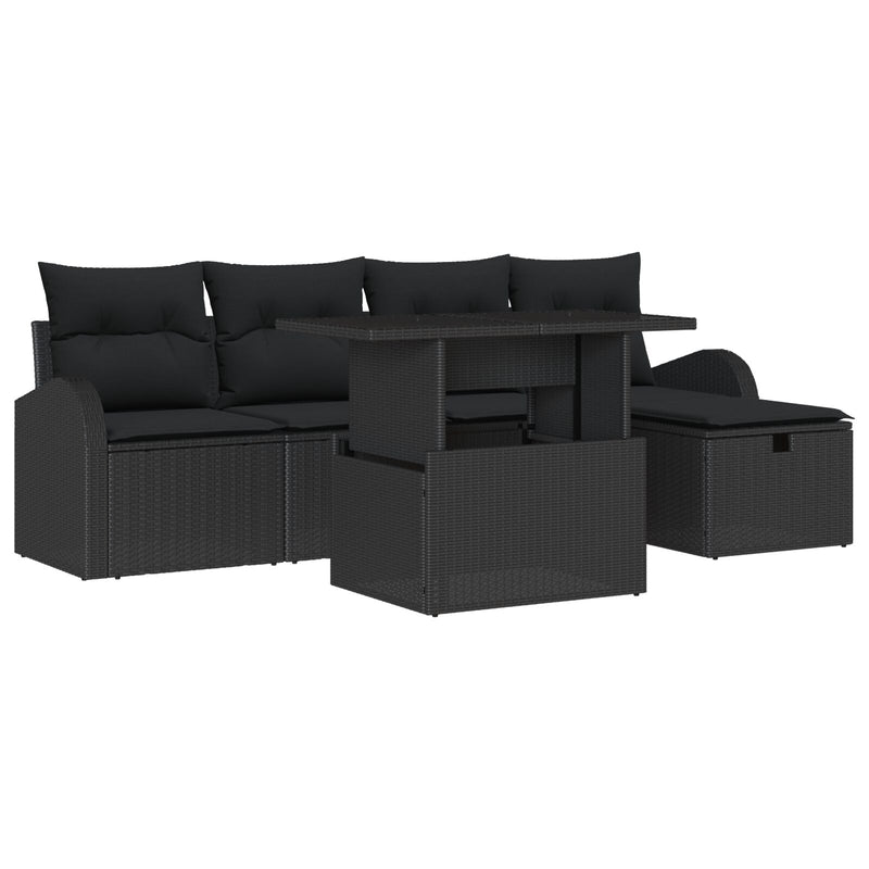 6 Piece Garden Sofa Set with Cushions Black Poly Rattan