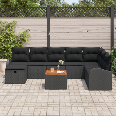 9 Piece Garden Sofa Set with Cushions Black Poly Rattan