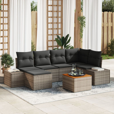 7 Piece Garden Sofa Set with Cushions Grey Poly Rattan Acacia